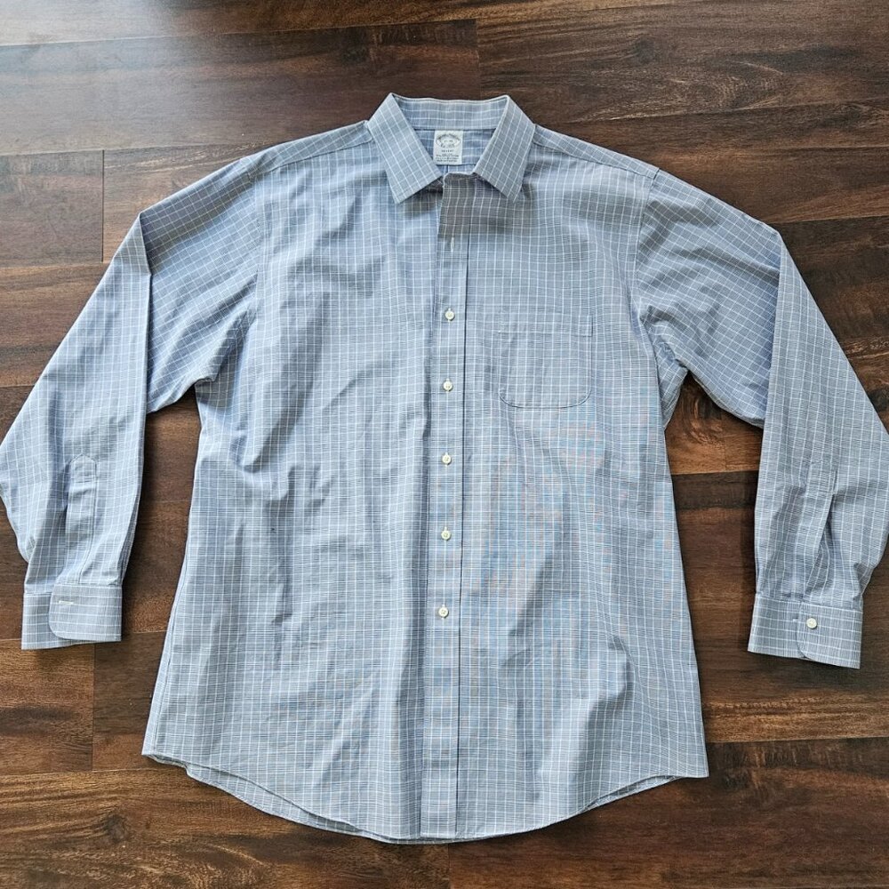BROOKS BROTHERS Regent Non Iron Blue and White Plaid Dress Shirt 17-35/XL
